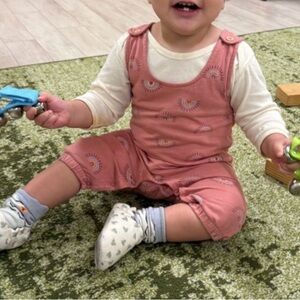 EUC Organic Cotton Overalls - Orange-y Pink Base Color w/ Rainbows (6-9 mos)